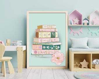 Pastel Book Stack Print: Whimsical Floral Book Lover Decor (Digital Download)
