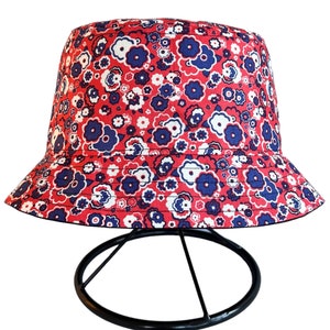 Liberty Print Bucket Hat: Red & Blue Floral Cotton Festival Sun Hat