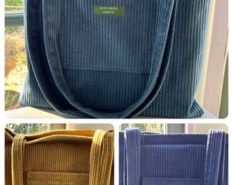 Corduroy tote bag, college tote bag, corduroy pocket tote bag