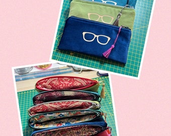 Velvet zipped glasses case, velvet glasses case, olive velvet glasses case, blue velvet glasses case, navy glasses case, green glasses case