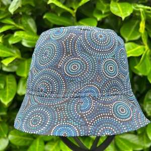 Aboriginal Print Cotton Bucket Hat: Blue Circle Festival Sun Hat