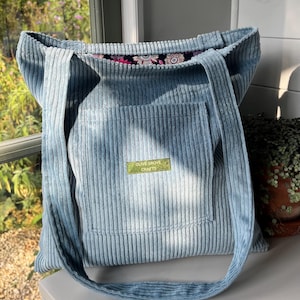 Sac fourre-tout bleu en velours côtelé, sac à bandoulière doublé avec poche, fermeture éclair en option