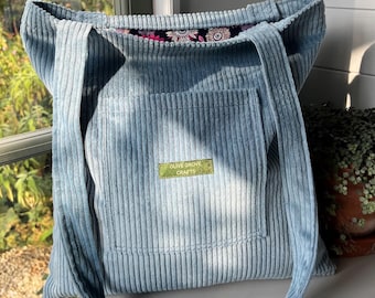 Blue Corduroy Tote Bag, Lined Shoulder Bag with Pocket, Optional Zipper