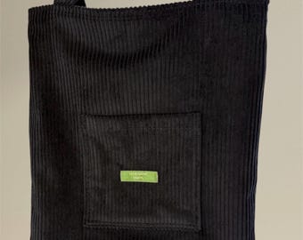 Black Corduroy Tote Bag: Lined Shoulder Bag with Pockets