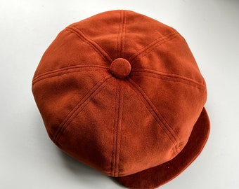 Handmade Rust Plush Velvet Baker Boy Hat, Peaky Blinders Style