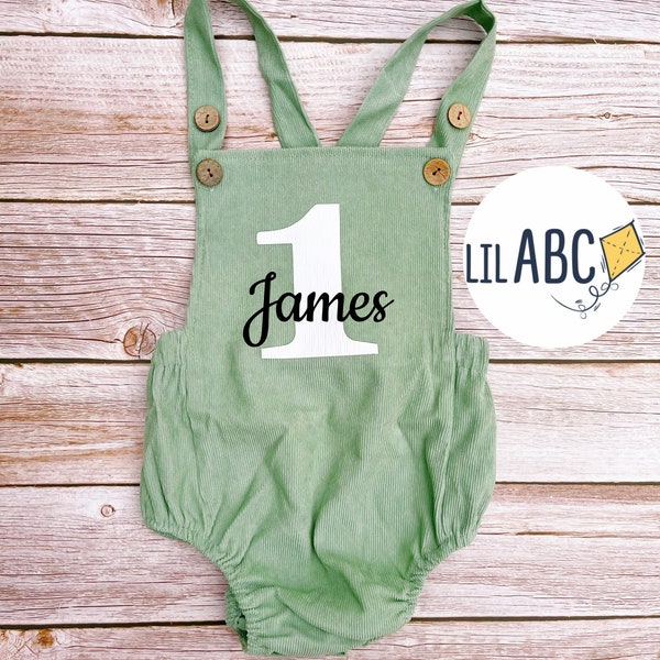 1st Birthday Outfit, Romper, Dungaree Personalised with Name, first birthday cake smash outfit,one year old, bodysuit, vest, green,blue,grey