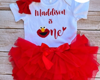 Personalised first birthday cake smash Elmo Sesame Street theme baby girl tutu outfit set