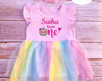 first birthday cake smash cocomelon theme baby girl one year old cake smash dress