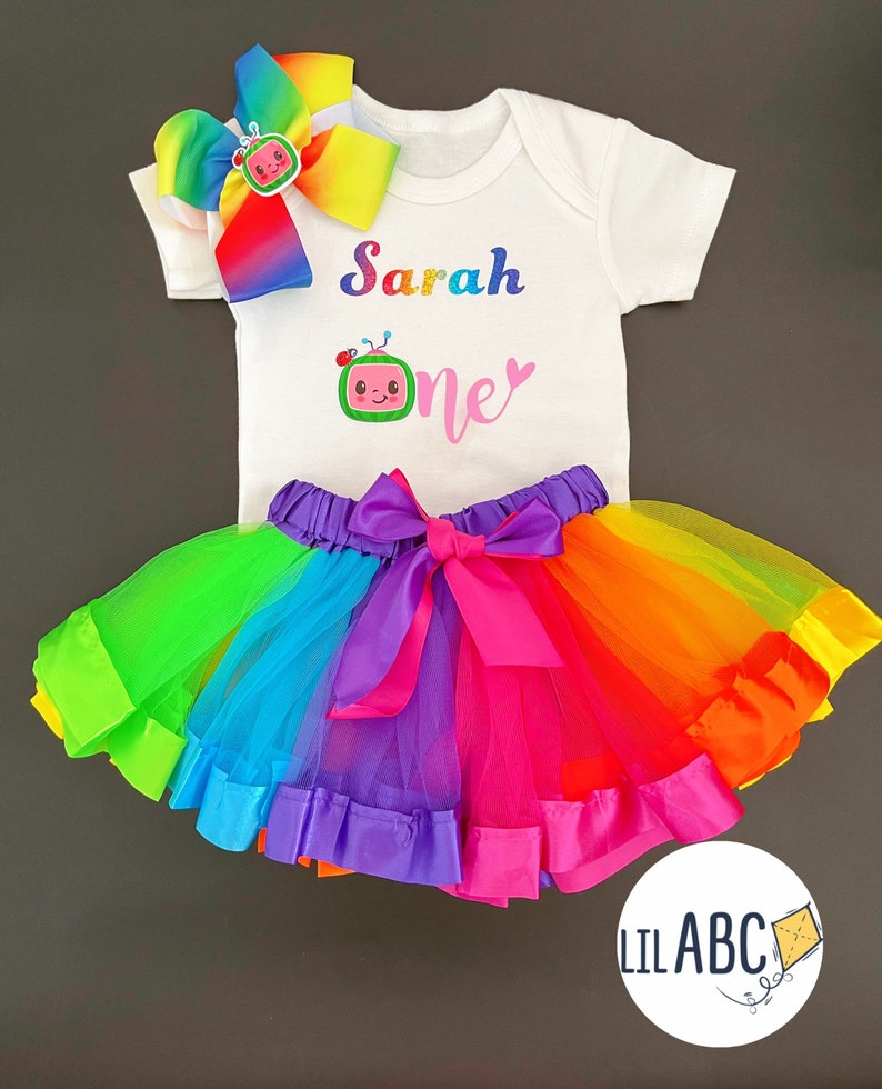 Personalised custom first birthday cake smash cocomelon girl one year old rainbow tutu set image 3