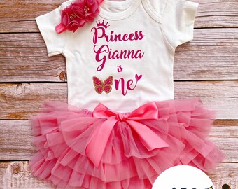 Personalised first birthday cake smash princess girl butterfly dark pink tutu set