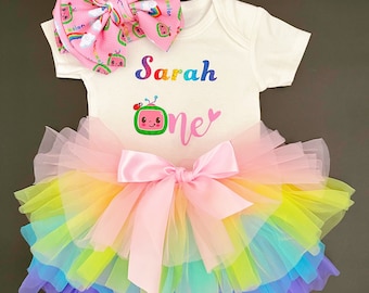 Personalised custom first birthday cake smash cocomelon girl one year old pastel rainbow tutu set