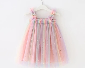 First birthday one year old girl  cake smash tulle dress in rainbow multicoloured pink