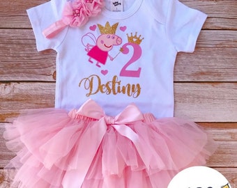 Personalised first second birthday cake smash princess Peppa pig theme baby girl photoshoot pink tutu outfit set