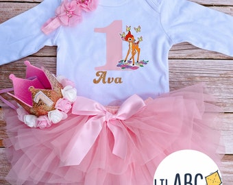 Bambi Personalised first birthday cake smash deer baby girl pink tutu gold name outfit set