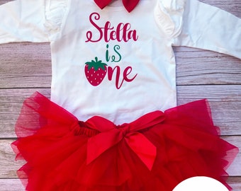Personalised sweet one strawberry first birthday one year old cake smash baby girl red tutu outfit