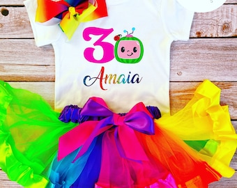 Personalised custom first birthday cake smash cocomelon girl one year old rainbow tutu set