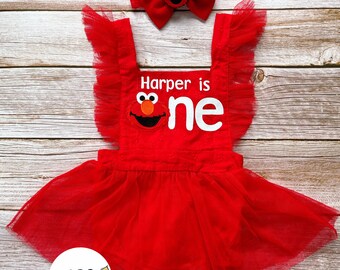 First birthday smash cake Elmo ruffle red tutu frill romper