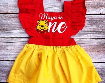 First birthday smash cake Winnie the Pooh ruffle red yellow bodysuit frill romper