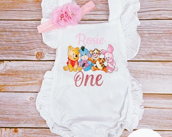 Personalised Winnie Pooh and friends First birthday smash cake frill ruffle theme one year old  bodysuit romper white photoshoot