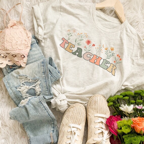 Women's Teacher Shirt - Flower & 'TEACHER' Print Tee, Back To School, Inspirational Top