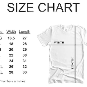 May include: Size chart for a t-shirt with measurements in inches for width and length. Sizes include XS, S, M, L, XL, 2XL, and 3XL.