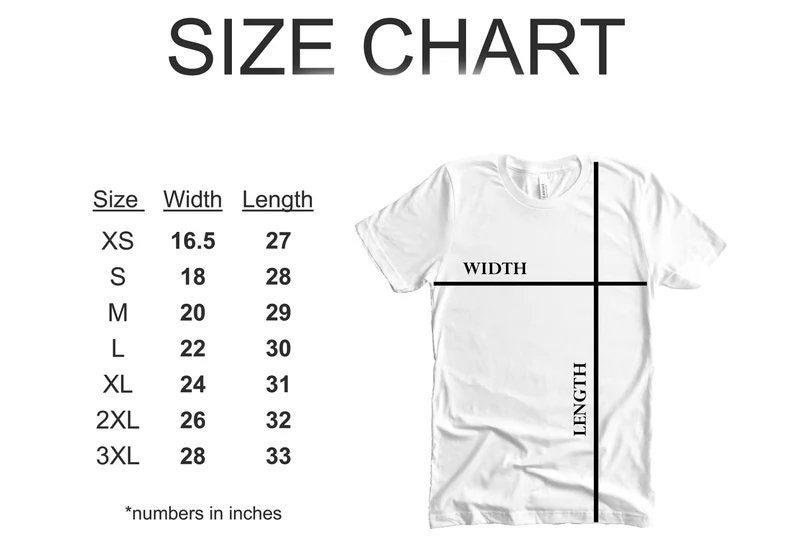May include: Size chart for a t-shirt with measurements in inches for width and length. Sizes include XS, S, M, L, XL, 2XL, and 3XL.