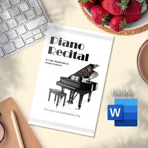 May include: A printable piano recital flyer template with a black and white illustration of a grand piano. The text on the flyer reads "Piano Recital" and "By the Students of [Name] School". The flyer is editable in Microsoft Word.
