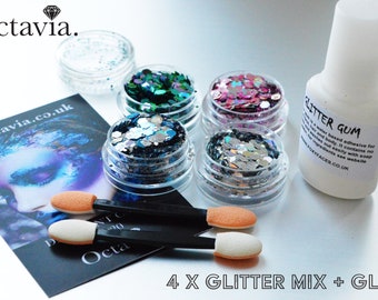 Glitter Pot Set J, 4 x Festival Party Chunky Mixed Glitters + Glue & 2 applicators!