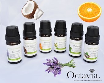 100% Pure Essential Oils 10ml Gift Set of 6 Best Sellers: Lavender, Sandalwood, Orange, Honeysuckle, Patchouli & Coconut Vanilla by Octavia