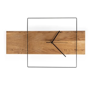 Wooden wall clock horizontal, modern wooden clock made of oak | horizontal minimalist wall clock large | Moving gift, living room decoration