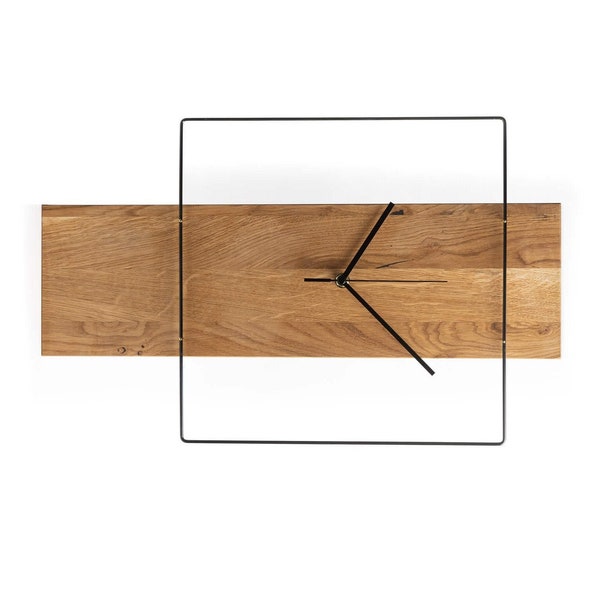 Wanduhr aus Holz quer, moderne Holzuhr aus Eiche | horizontale minimalistische Wand Uhr groß | Geschenk zum Umzug, Wohnzimmer Deko