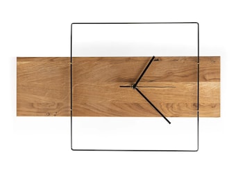 Wanduhr aus Holz quer, moderne Holzuhr aus Eiche | horizontale minimalistische Wand Uhr groß | Geschenk zum Umzug, Wohnzimmer Deko