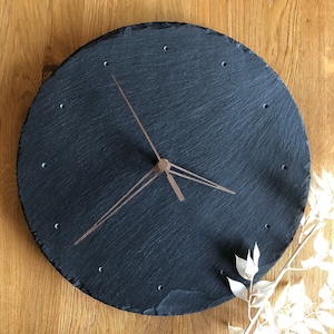 Slate wall clock with wooden hands, modern minimalist slate clock, silent movement