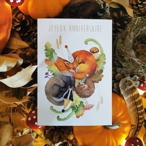Carte joyeux anniversaire ⦙ impression française d'art ⦙ forêt animaux renard hérisson blaireau automne hiver
