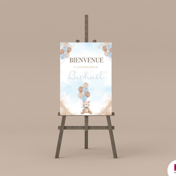 Teddy bear ballon - Affiche bienvenue anniversaire / baptême personnalisée