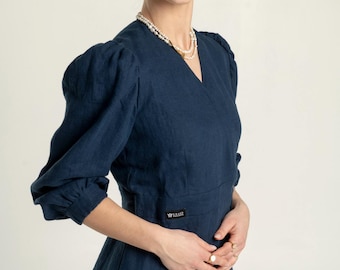 Riviera Linen Midi Dress: Women&#39;s Blue Swing Dress with Pockets