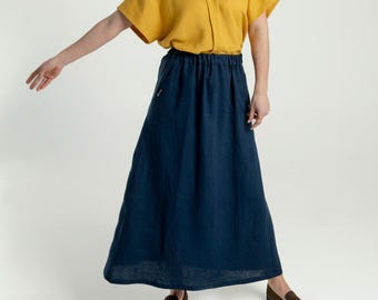 High Waist Leinen Maxi Rock: A-Line Swing Rock mit Taschen