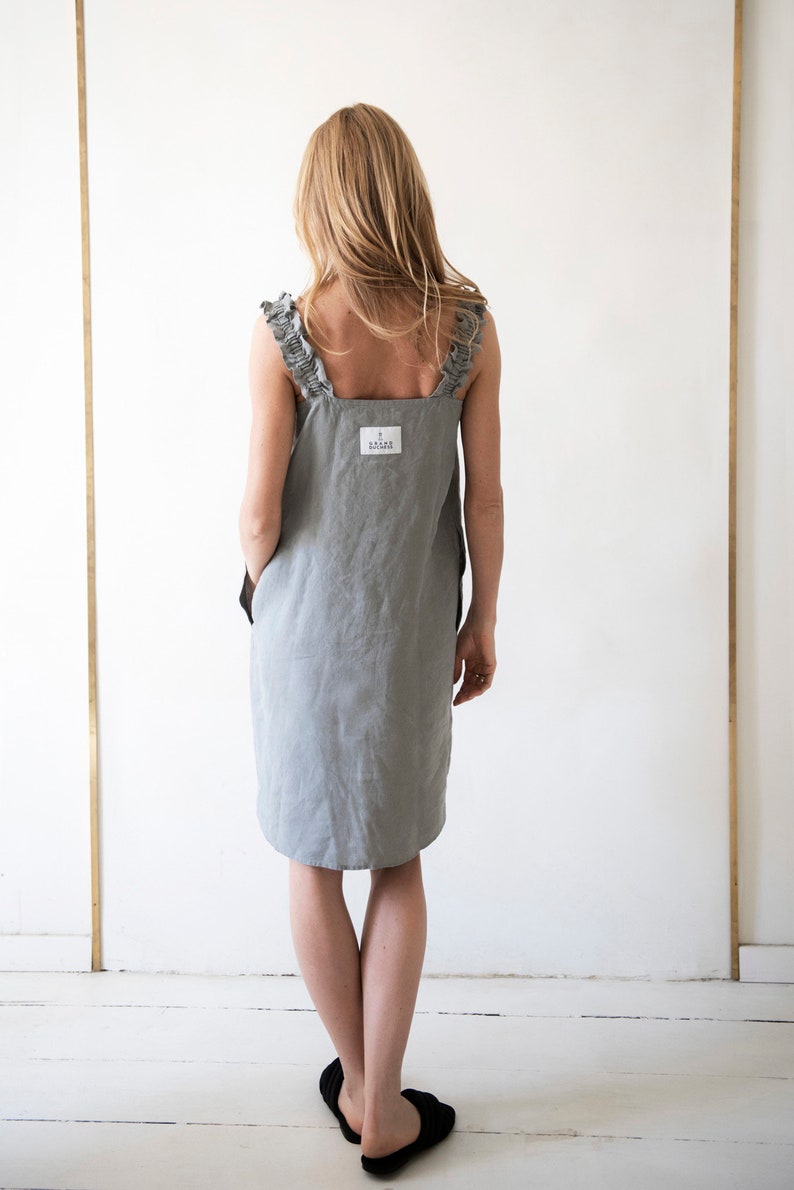 Linen Summer Dress in MIDI length with Open Shoulder, Linen summer dress, Cocktail dress, Dress with pockets, Linen dress with belt image 5