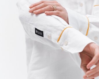 Oversized White Linen Shirt: Elegant Long Sleeve Top with Gold Stripe