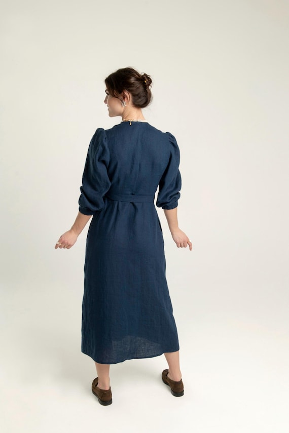linen swing dress with pockets Riviera Linen Midi Dress: Women's Blue Swing Dress with Pockets