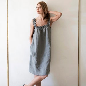 Linen Summer Dress in MIDI length with Open Shoulder, Linen summer dress, Cocktail dress, Dress with pockets, Linen dress with belt image 2