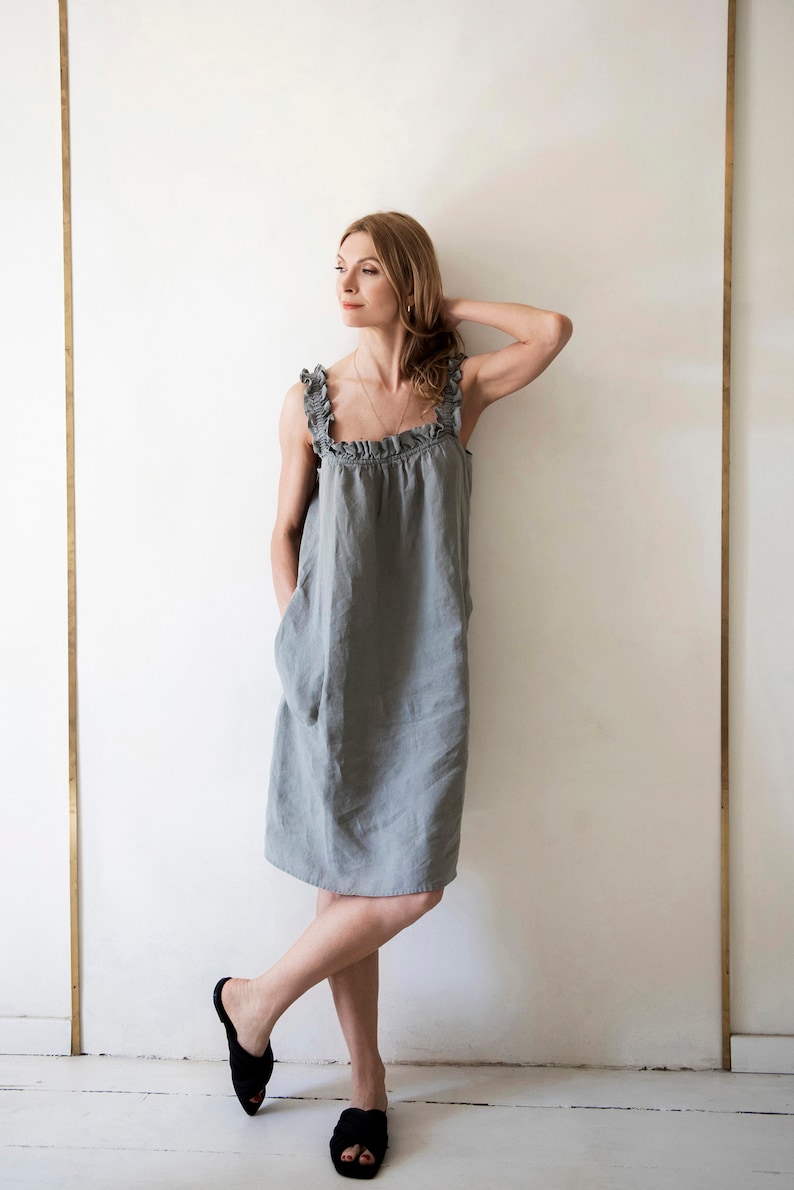 Linen Summer Dress in MIDI length with Open Shoulder, Linen summer dress, Cocktail dress, Dress with pockets, Linen dress with belt image 2