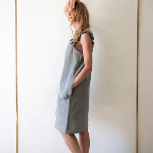 Linen Summer Dress in MIDI length with Open Shoulder, Linen summer dress, Cocktail dress, Dress with pockets, Linen dress with belt image 3
