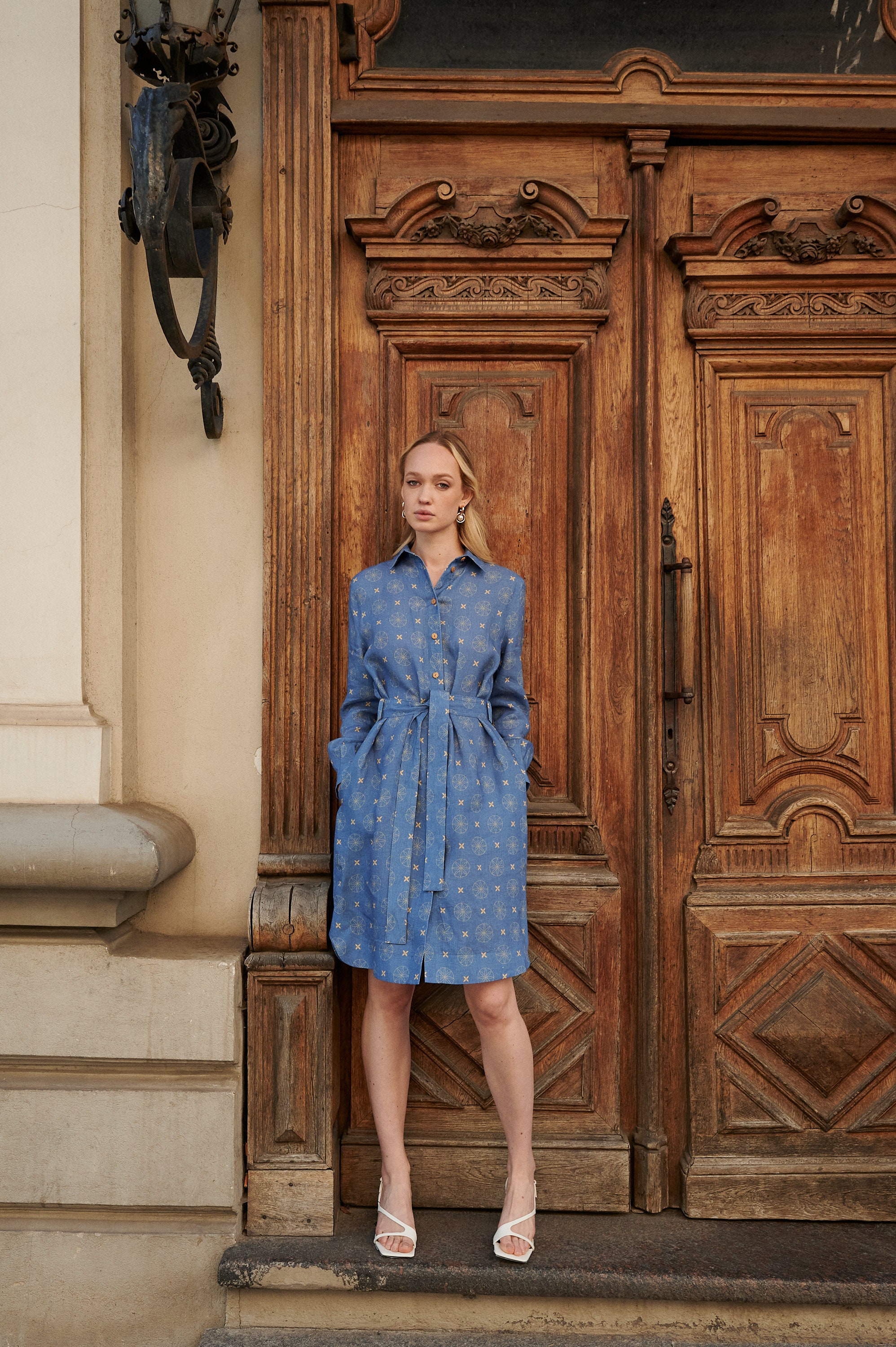 Linen midi dress Beautiful with long sleeves,  Linen pattern midi dress with pockets, Casual midi pattern dress with belt, Minimalist dress