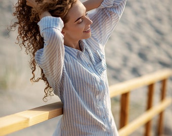 Striped Linen Tunic Dress with Belt: Handmade Blue Beach Cover-Up