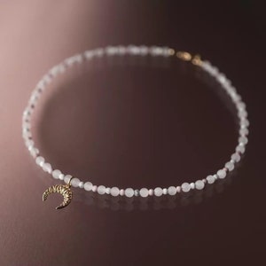 Necklace made of natural stones rose quartz howlite rhodonite lunula pendant cornucopia