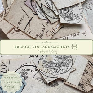 Può includere: Una collezione di cachets francesi vintage, o francobolli, in varie tonalità di marrone e crema. I cachets presentano disegni e scritte intricate, tra cui le parole "FR" e "EMP".
