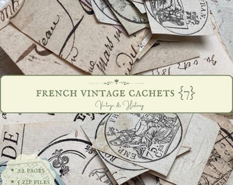May include: A collection of vintage French cachets, or postage stamps, in various shades of brown and cream. The cachets feature intricate designs and lettering, including the words "FR" and "EMP".