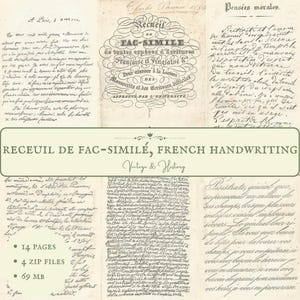 Könnte beinhalten: Eine Sammlung von Vintage-Handschriften-Faksimiles auf Französisch. Das Bild zeigt verschiedene handschriftliche Dokumente mit kunstvoller Schrift, darunter der Titel "Recueil de Fac-Similé, French Handwriting". Der Text "Vintage & History" ist ebenfalls enthalten.