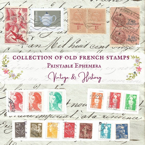 Large collection of vintage French stamps, ephemera, collage, journal, craft, scrapbook, INSTANT DOWNLOAD